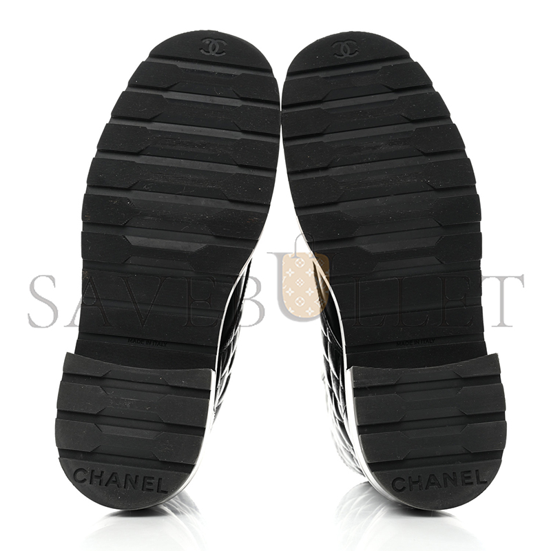 CHANEL SHINY CALFSKIN QUILTED LACE UP COMBAT BOOTS